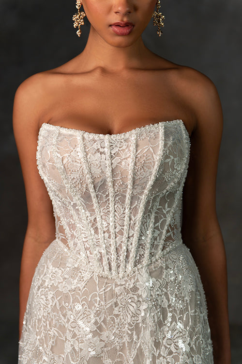 SEXY SPARKLING STRAPLESS A-LINE WEDDING DRESS WITH BASQUE WAIST
