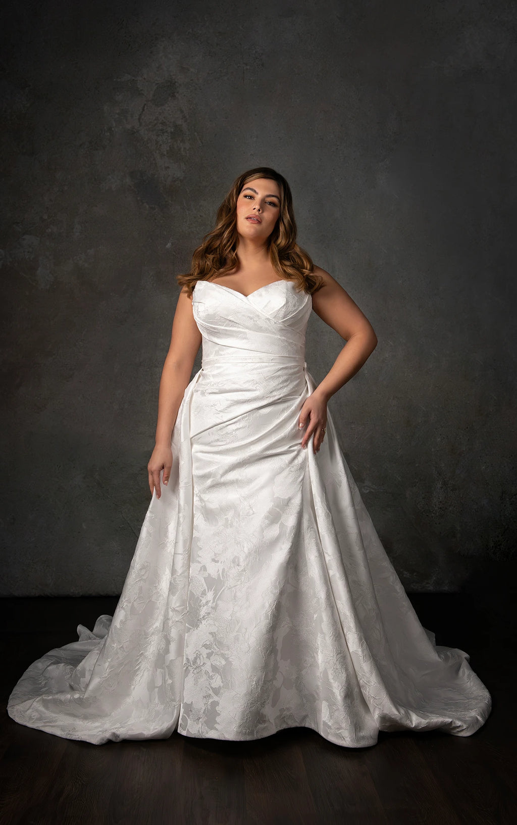 STRAPLESS SATIN JACQUARD COLUMN WEDDING DRESS WITH DRAPED SWEETHEART NECKLINE