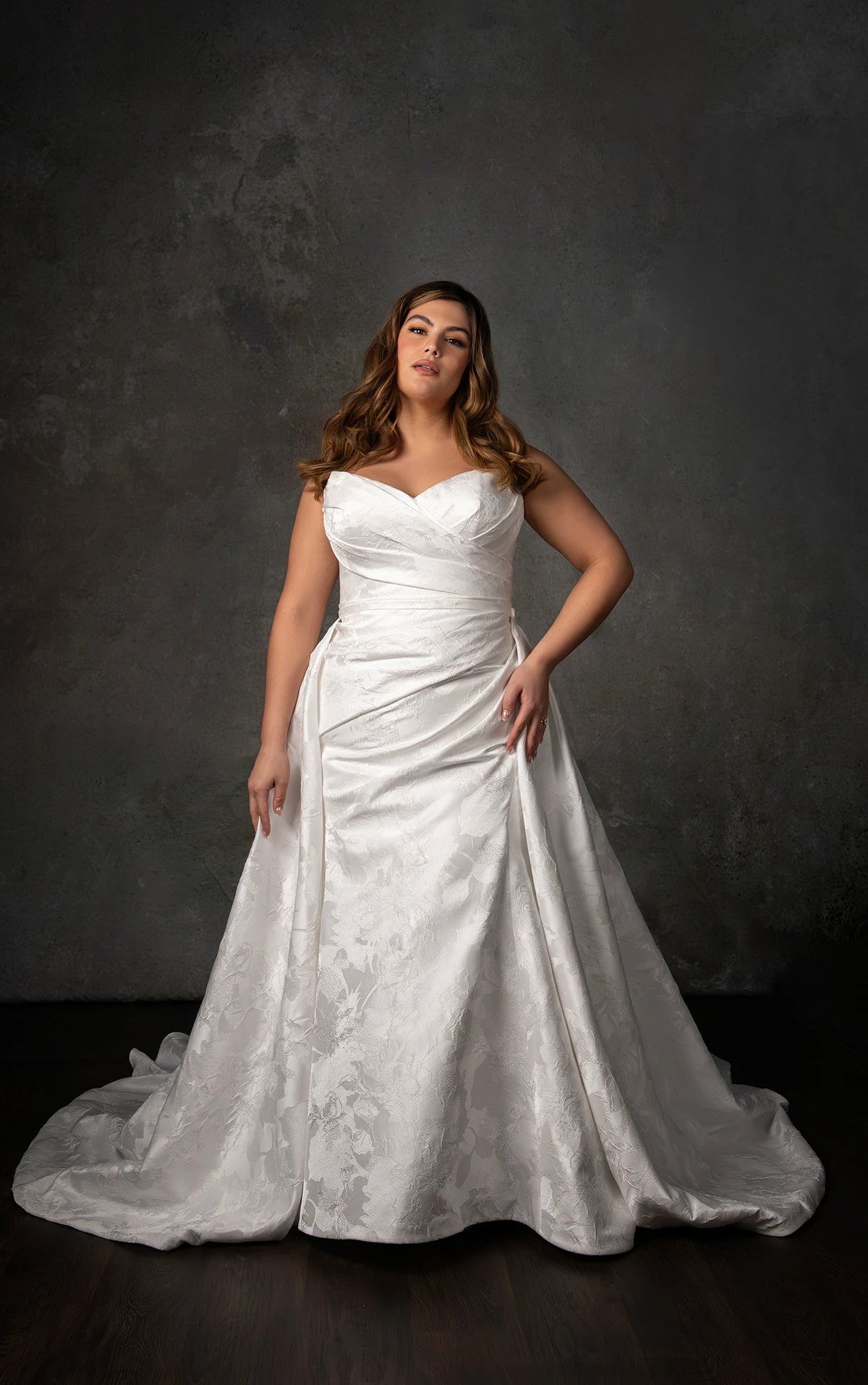 STRAPLESS SATIN JACQUARD COLUMN WEDDING DRESS WITH DRAPED SWEETHEART NECKLINE