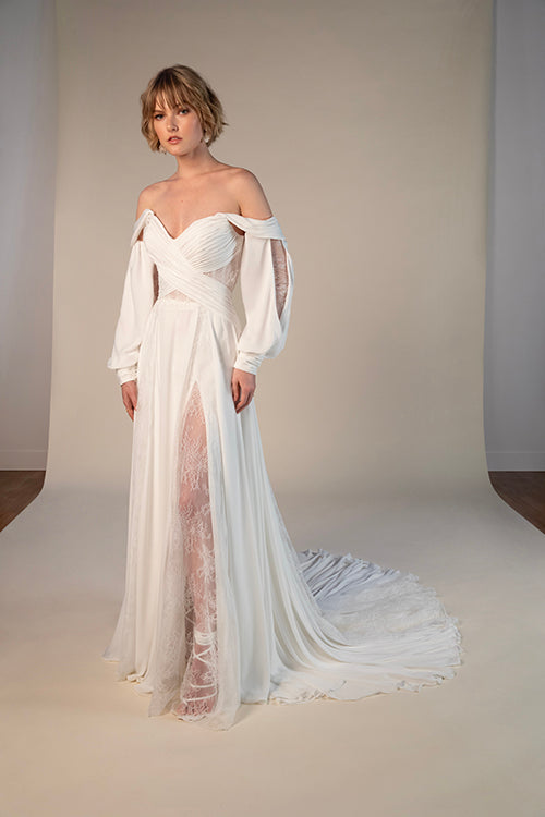 DUNE - BOHO CHIFFON AND LACE OFF-THE-SHOULDER A-LINE WEDDING DRESS WITH DETACHABLE SLEEVES