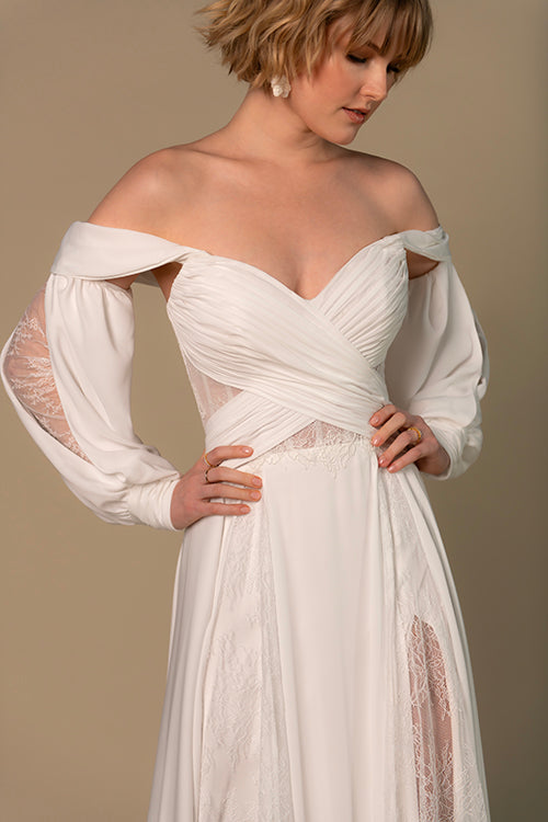 DUNE - BOHO CHIFFON AND LACE OFF-THE-SHOULDER A-LINE WEDDING DRESS WITH DETACHABLE SLEEVES