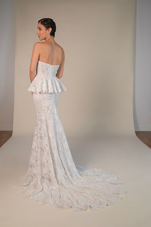 MARGO - VINTAGE LACE STRAPLESS COLUMN WEDDING DRESS WITH DETACHABLE PEPLUM WAIST