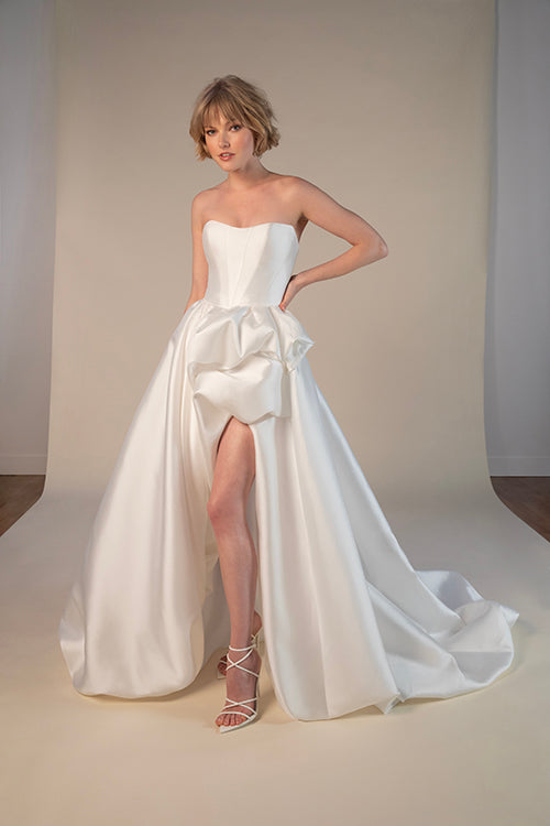 RYA - MODERN STRAPLESS A-LINE WEDDING DRESS WITH DRAMATIC HIGH-LOW SKIRT