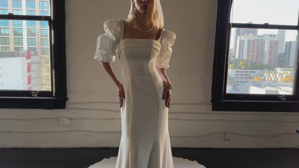 ELOISE - MODERN SQUARE NECKLINE FIT-AND-FLARE WEDDING DRESS WITH DETACHABLE SHORT SLEEVES
