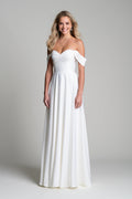 Romantic = Soft A Line Flowing gown off the shoulder