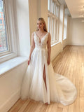 Soft A-Line - Tulle & Lace gown with lace straps and v neck