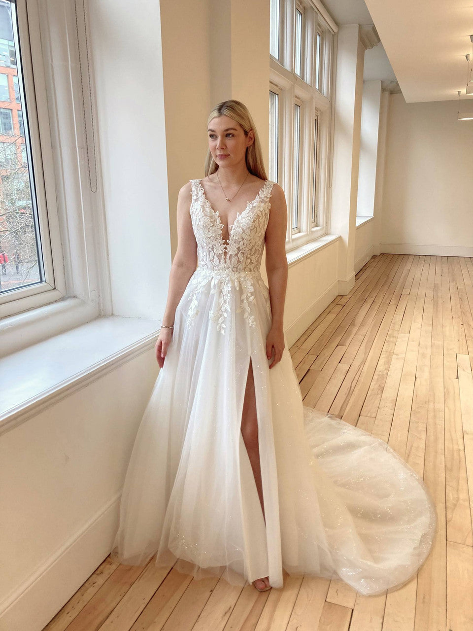 Soft A-Line - Tulle & Lace gown with lace straps and v neck