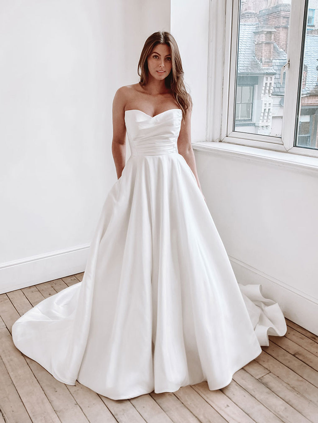 SATIN BALL GOWN CATHEDRAL TRAIN AND RUSHING ON TOP