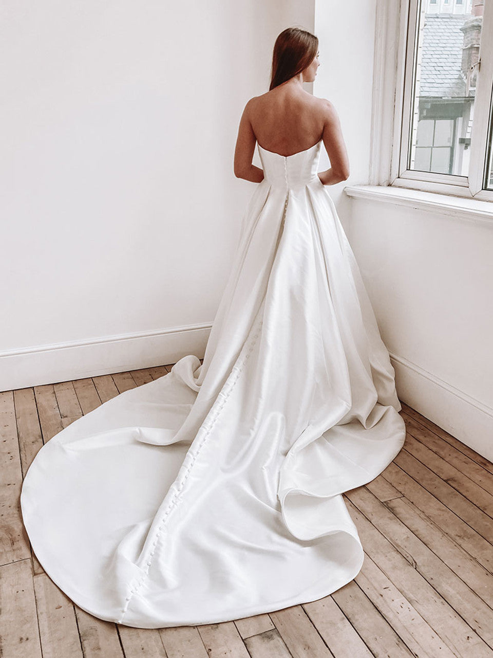 SATIN BALL GOWN CATHEDRAL TRAIN AND RUSHING ON TOP