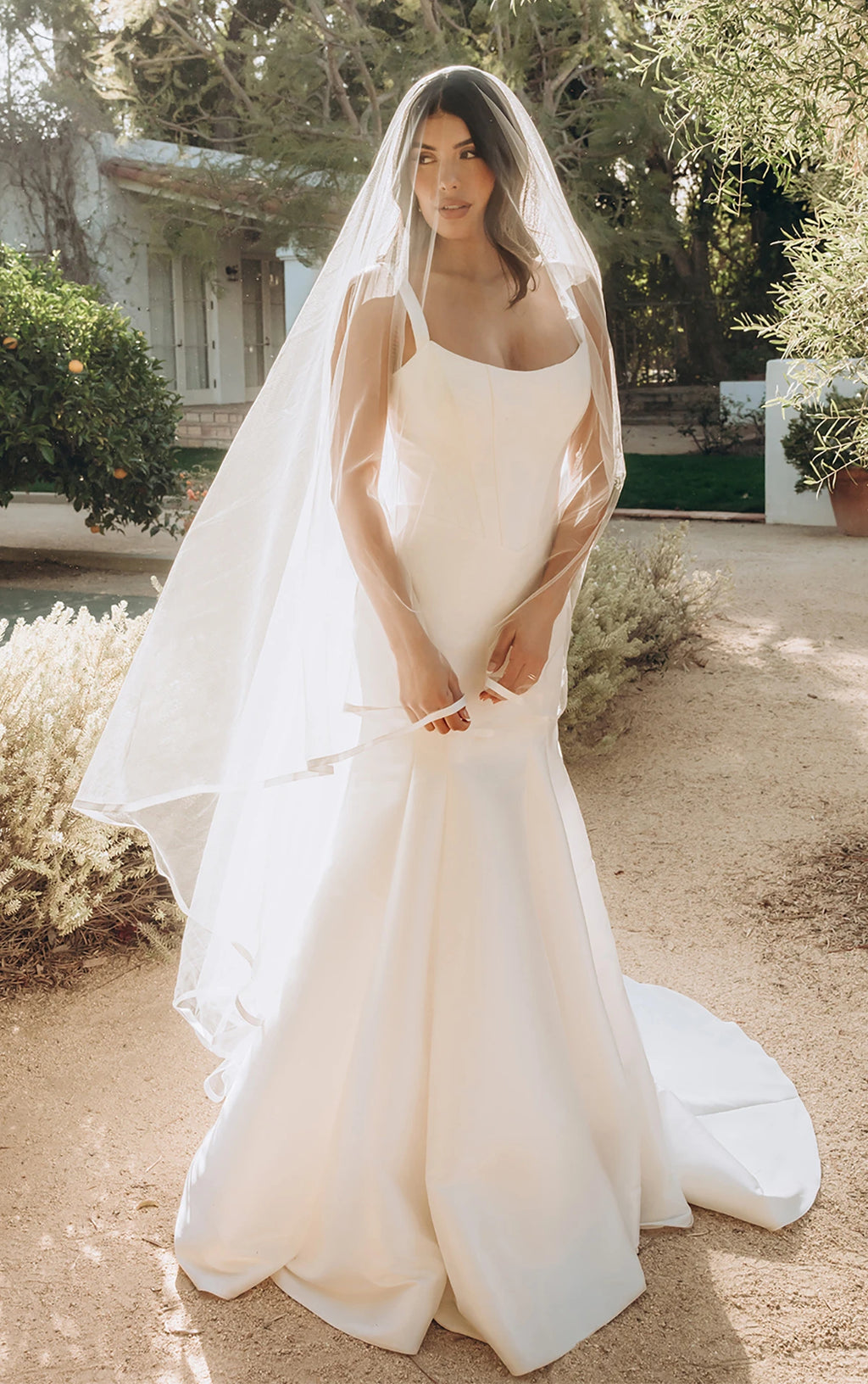 MODEST SCOOP NECK FIT-AND-FLARE WEDDING DRESS WITH CORSET BODICE