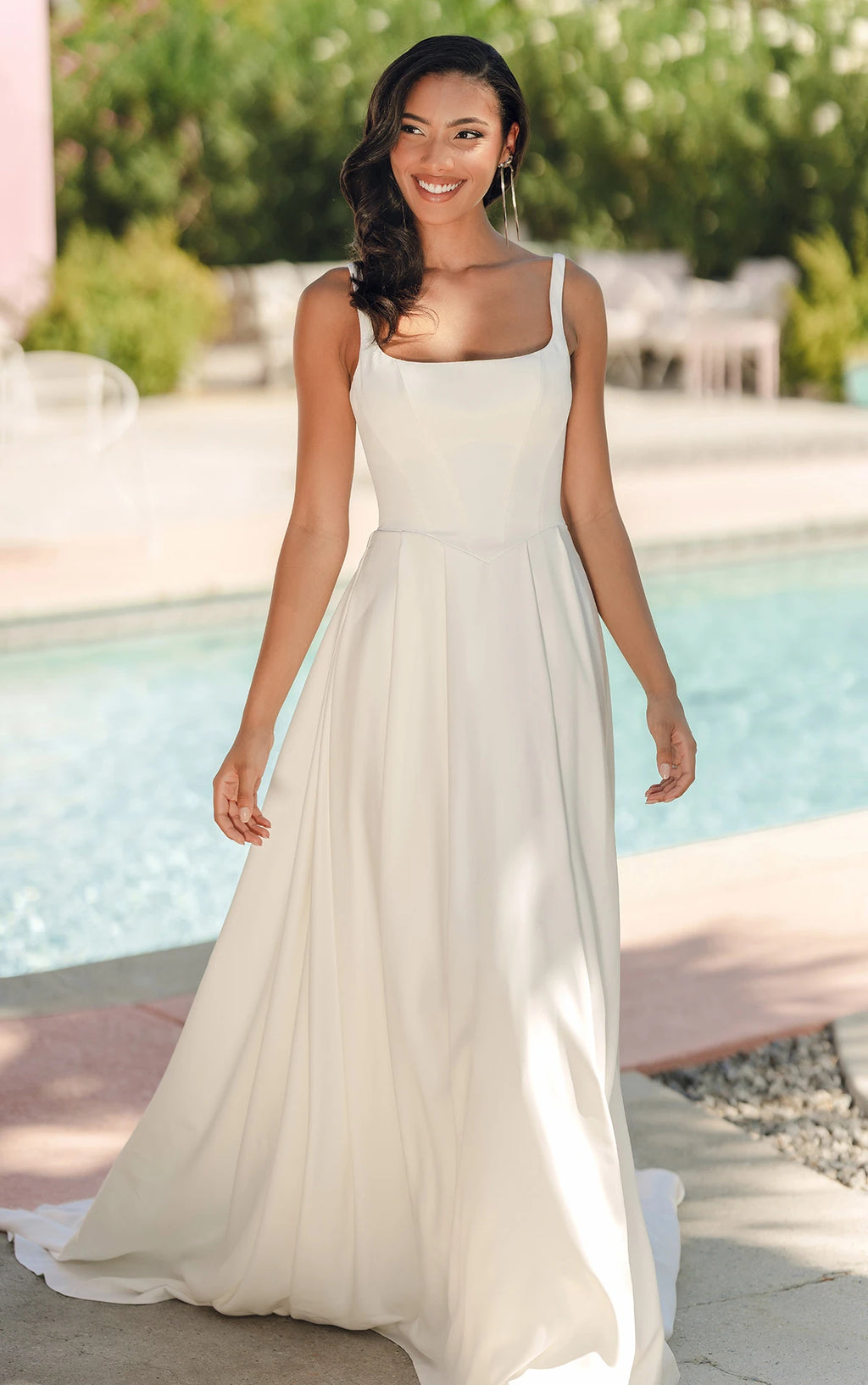 MATTE SATIN A-LINE WEDDING DRESS WITH SQUARE NECKLINE AND WIDE STRAPS