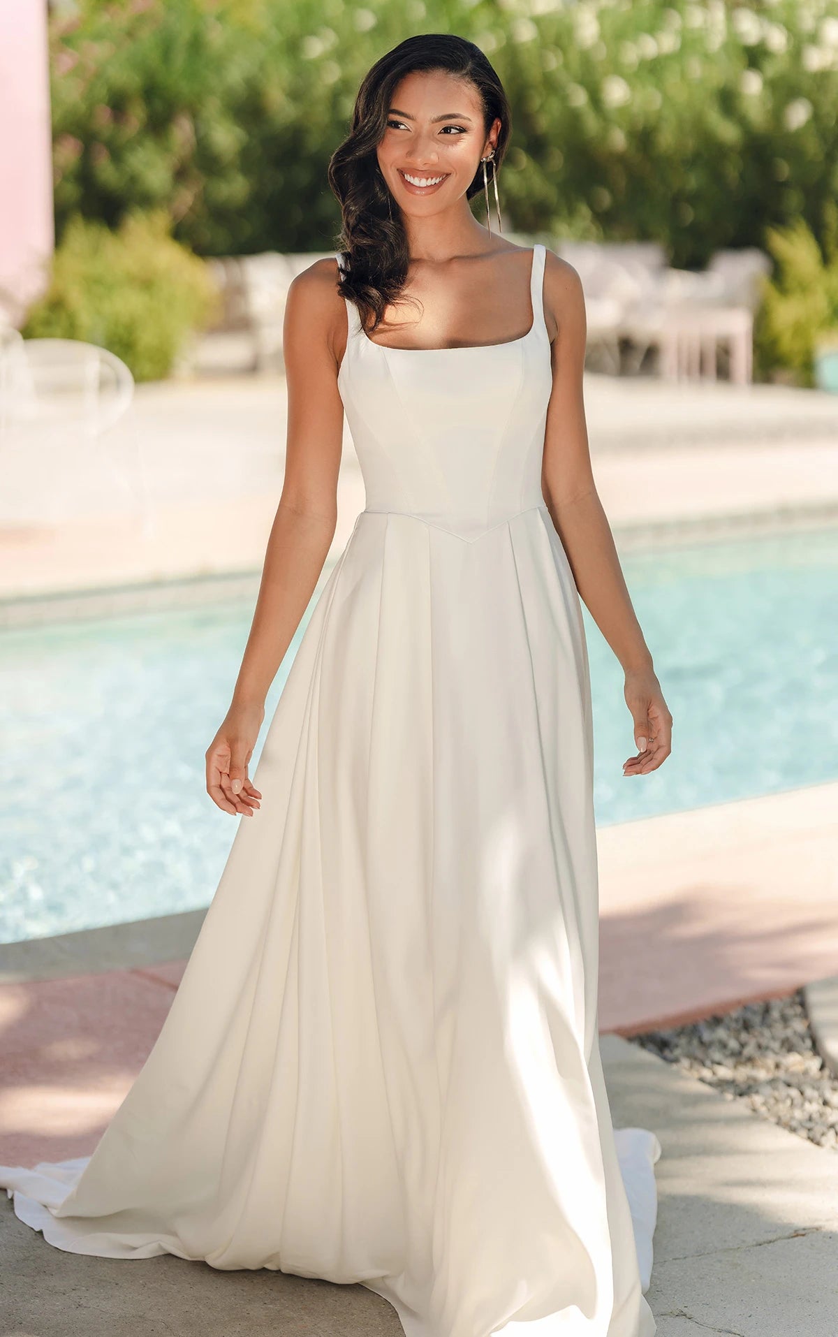 MATTE SATIN A-LINE WEDDING DRESS WITH SQUARE NECKLINE AND WIDE STRAPS