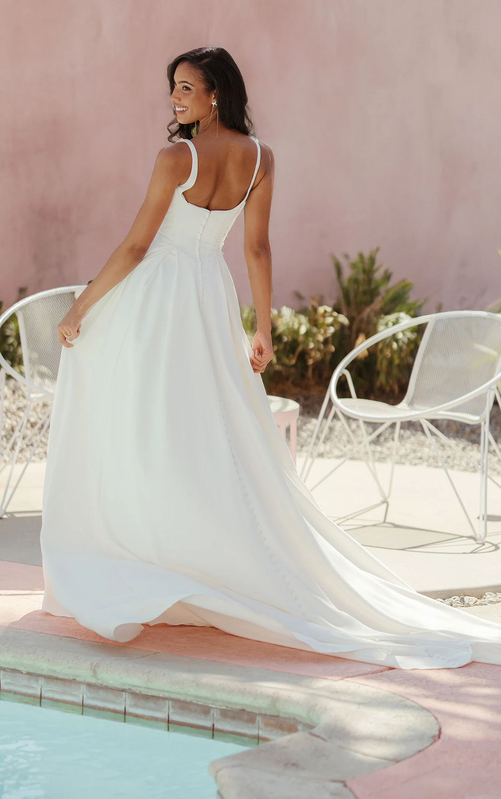 MATTE SATIN A-LINE WEDDING DRESS WITH SQUARE NECKLINE AND WIDE STRAPS