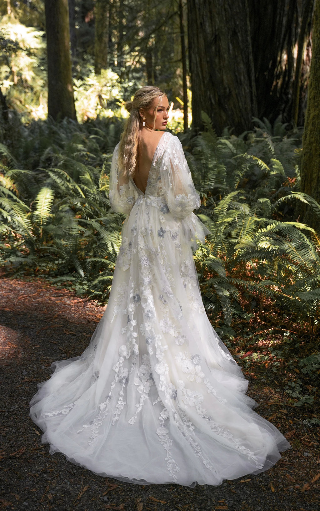 SAYLOR -ROMANTIC FLORAL LACE BOHO WEDDING DRESS WITH BLOUSON SLEEVES