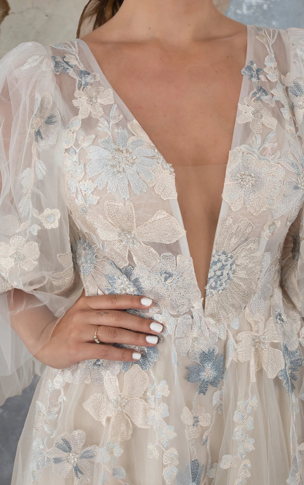 SAYLOR -ROMANTIC FLORAL LACE BOHO WEDDING DRESS WITH BLOUSON SLEEVES