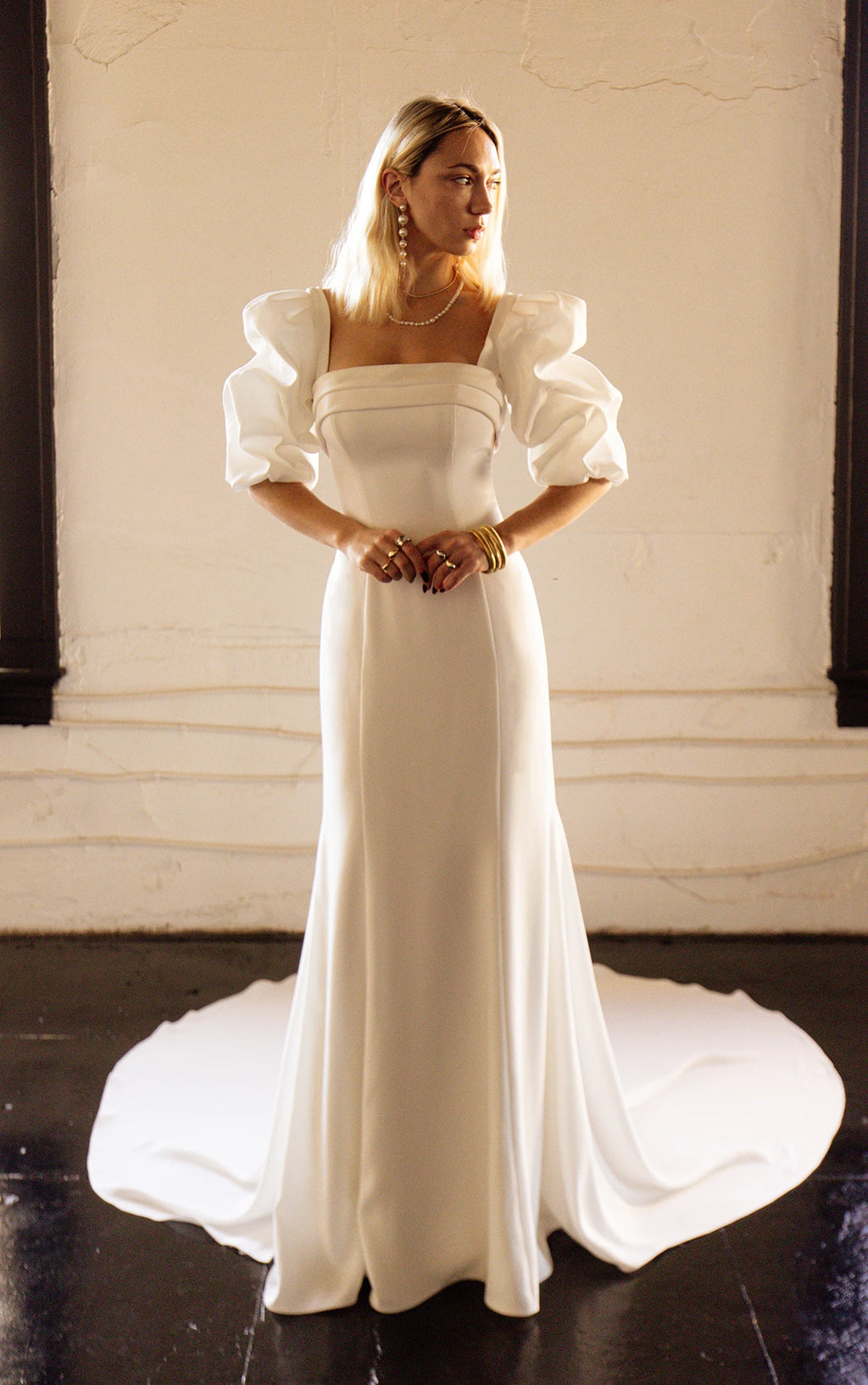 ELOISE - MODERN SQUARE NECKLINE FIT-AND-FLARE WEDDING DRESS WITH DETACHABLE SHORT SLEEVES