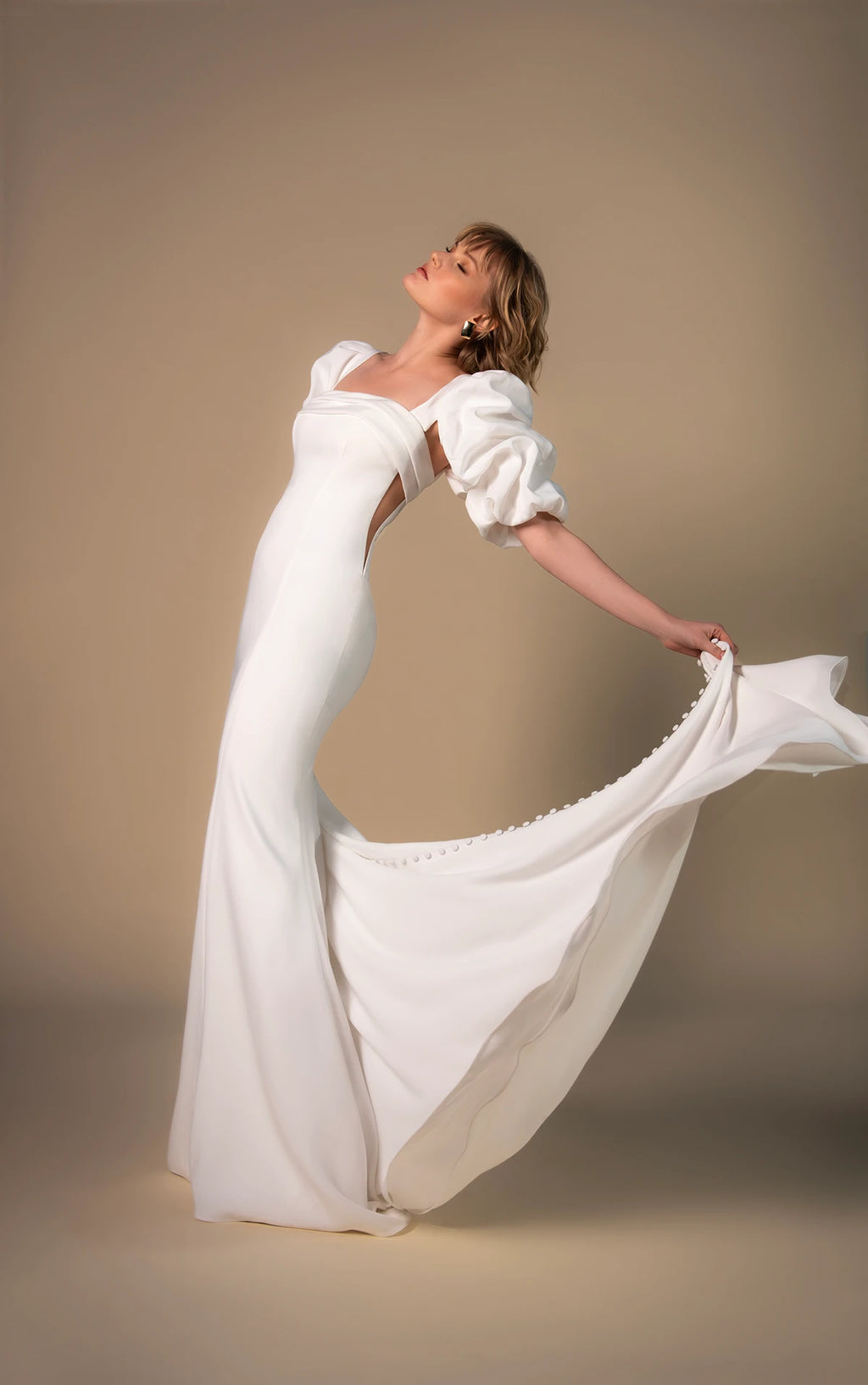 ELOISE - MODERN SQUARE NECKLINE FIT-AND-FLARE WEDDING DRESS WITH DETACHABLE SHORT SLEEVES