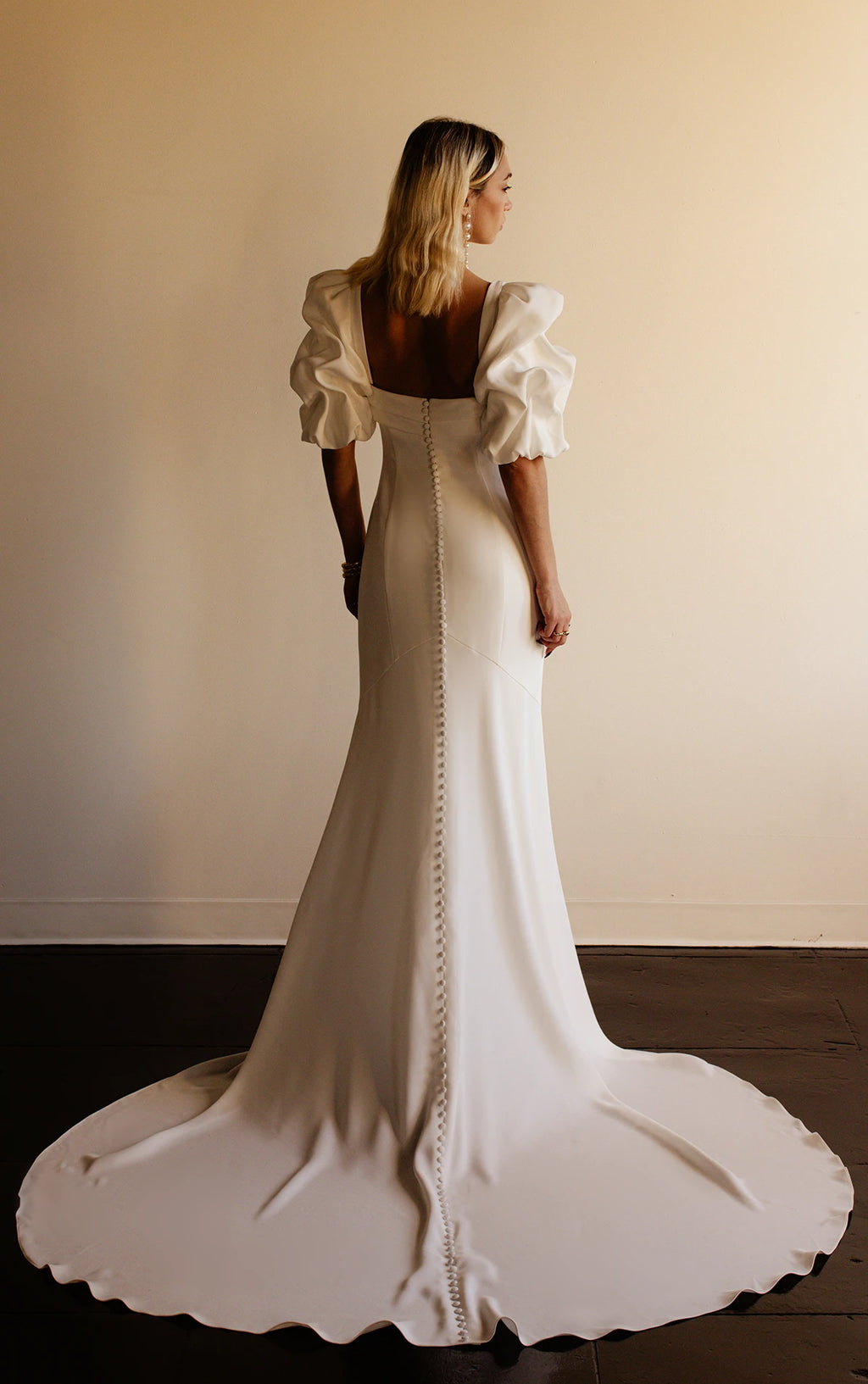 ELOISE - MODERN SQUARE NECKLINE FIT-AND-FLARE WEDDING DRESS WITH DETACHABLE SHORT SLEEVES