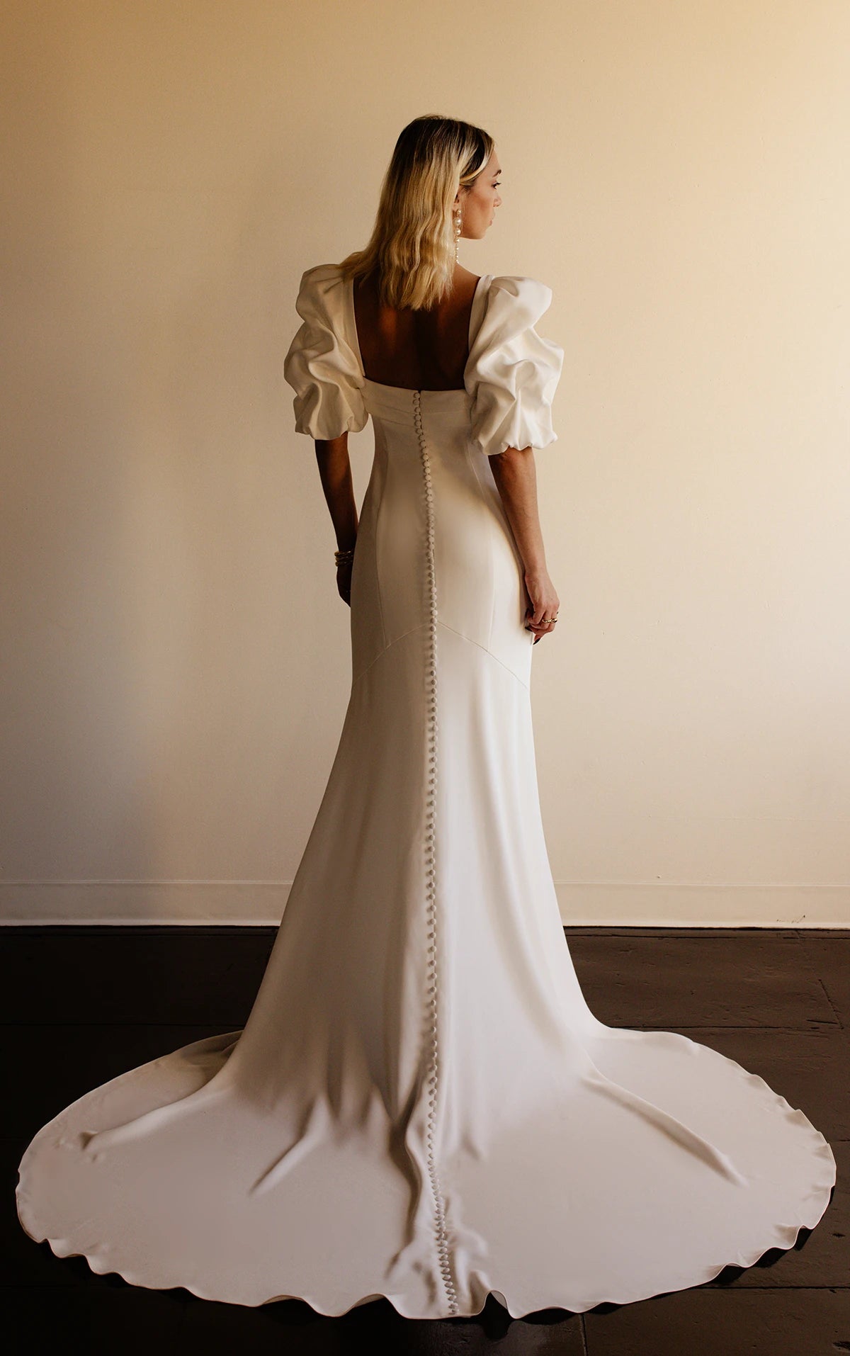 ELOISE - MODERN SQUARE NECKLINE FIT-AND-FLARE WEDDING DRESS WITH DETACHABLE SHORT SLEEVES