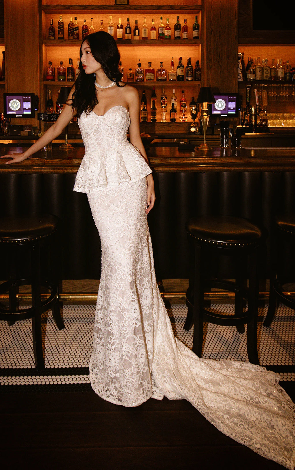 MARGO - VINTAGE LACE STRAPLESS COLUMN WEDDING DRESS WITH DETACHABLE PEPLUM WAIST