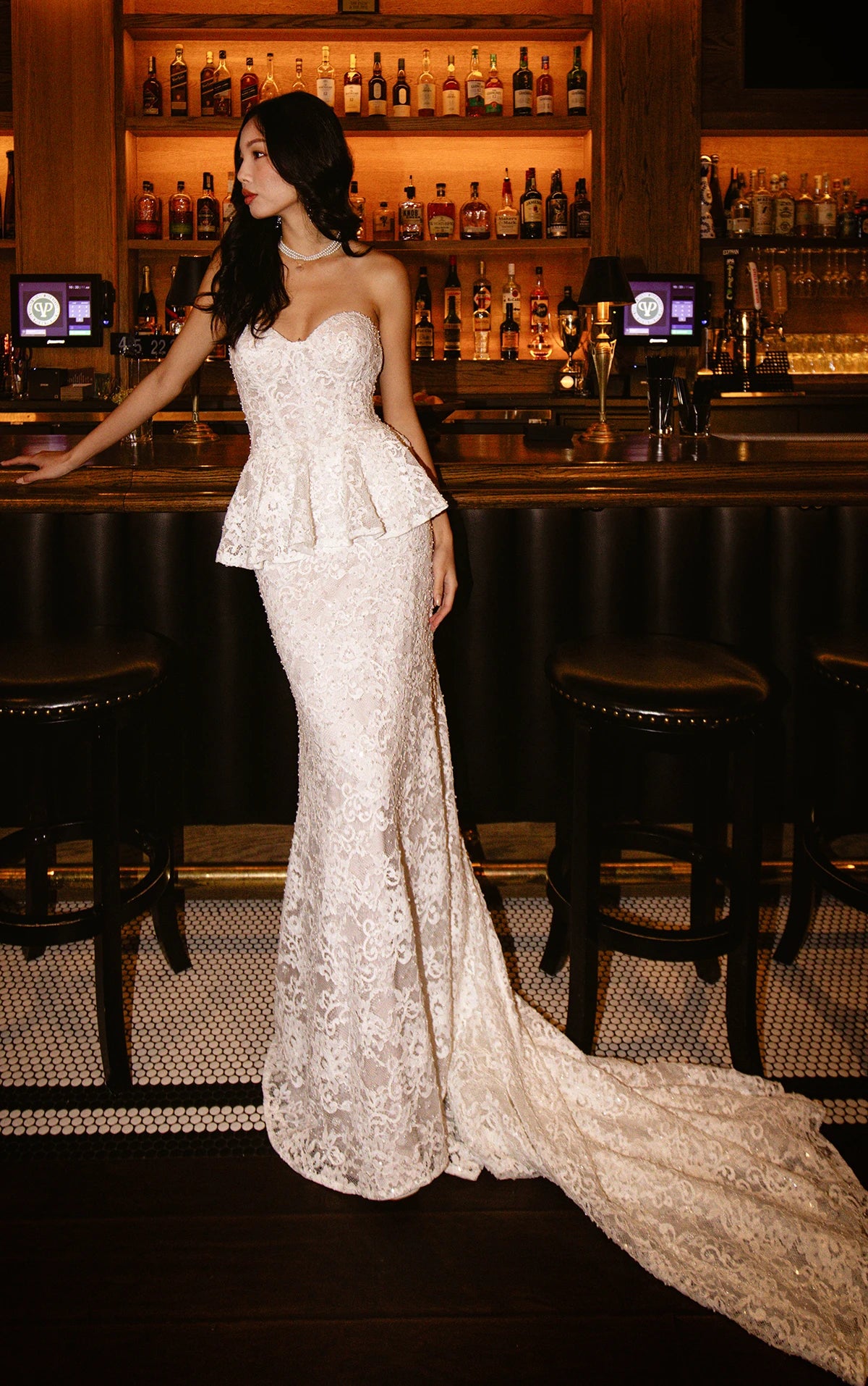 MARGO - VINTAGE LACE STRAPLESS COLUMN WEDDING DRESS WITH DETACHABLE PEPLUM WAIST